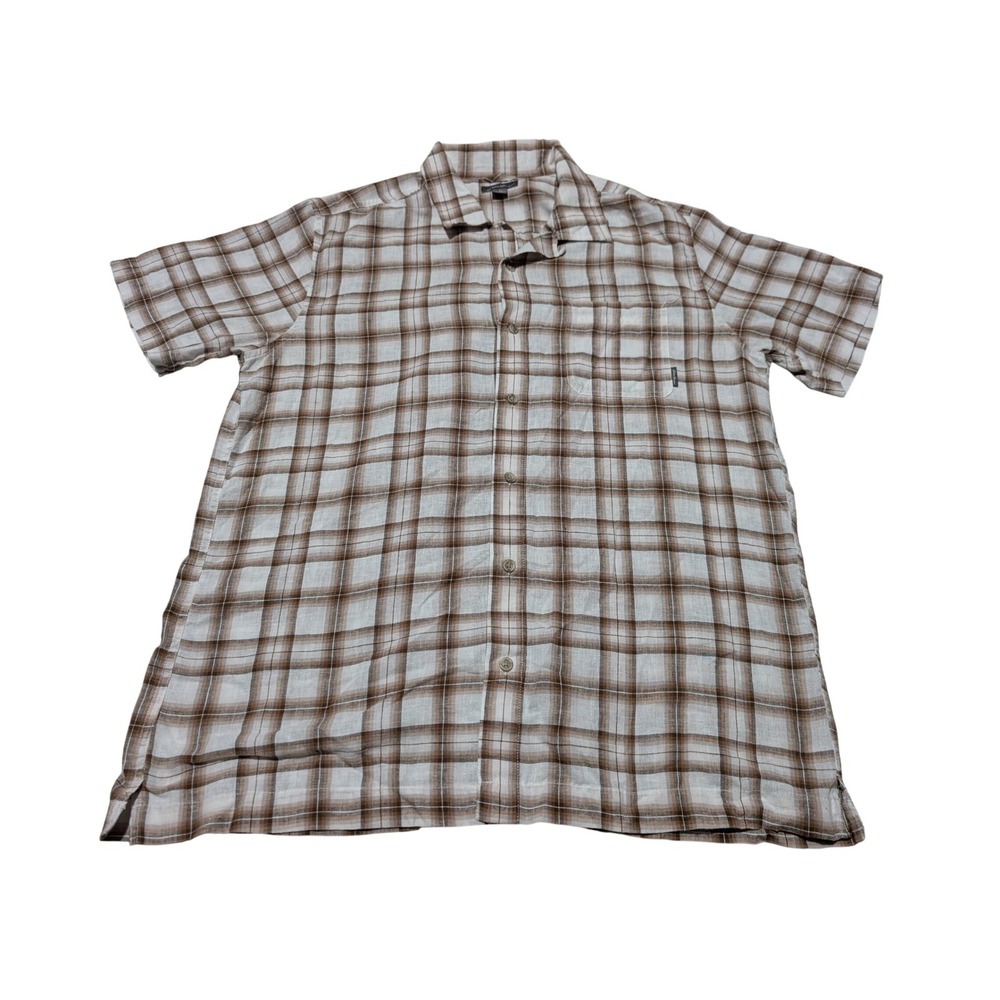 Eddie Bauer Shirt Mens TL Brown Plaid Short Sleeve Button Down Tall Large Casual